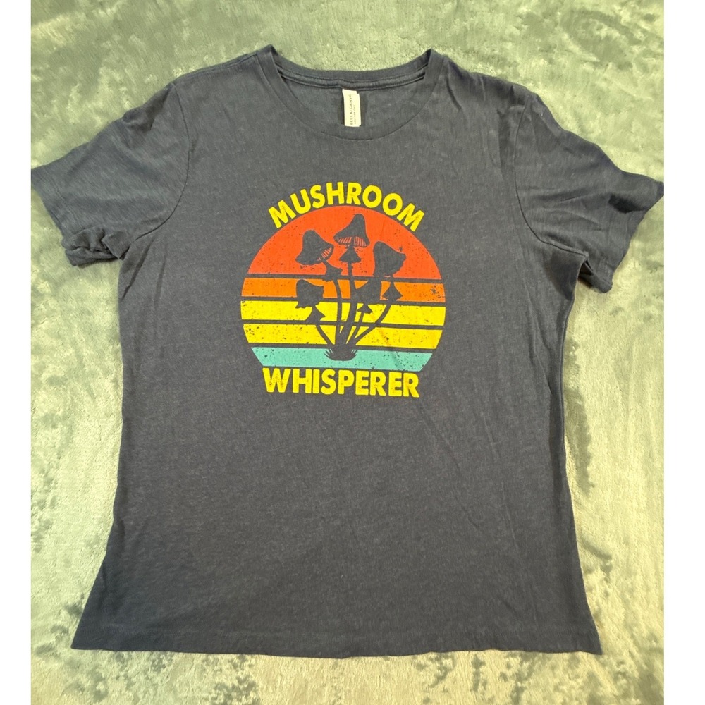 Bella Canvas Mushroom Whisperer Graphic T-Shirt Navy Blue Heather Gray L Retro